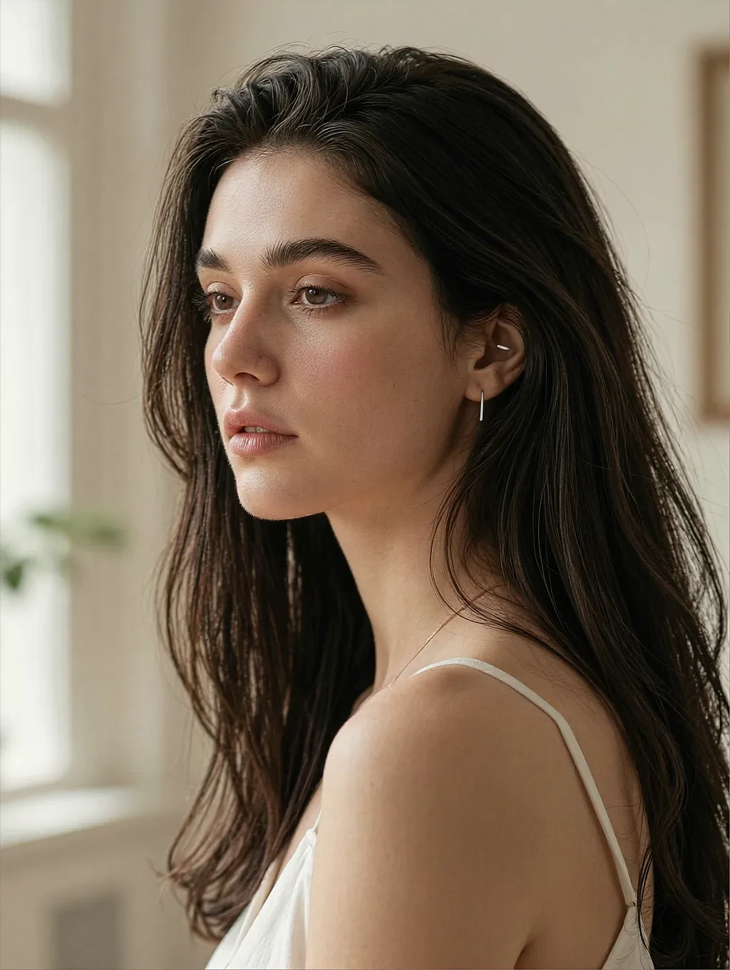 Fictional AI character featured on the third landing page, in warm light